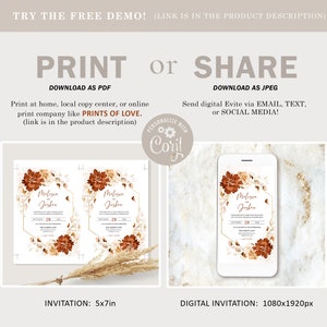 May include: Printable and digital wedding invitation template featuring a floral design with rust, cream, and gold accents. The text on the invitation reads "Melissa & Joshua" and "28". The invitation is available in 5x7 inches and 1080x1920 pixels.