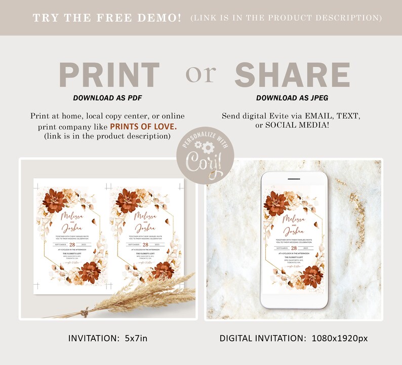 May include: Printable and digital wedding invitation template featuring a floral design with rust, cream, and gold accents. The text on the invitation reads "Melissa & Joshua" and "28". The invitation is available in 5x7 inches and 1080x1920 pixels.