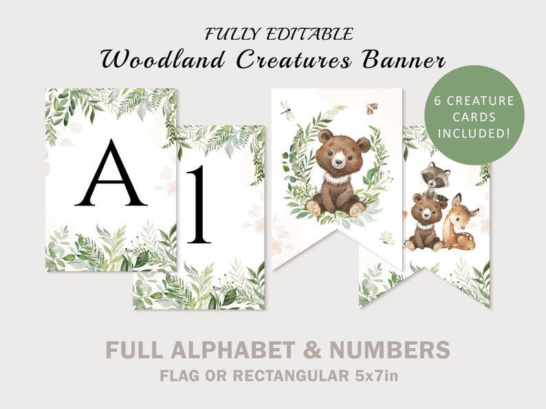 WOODLAND Baby Shower Banner Woodland Creatures Baby Shower Backdrop Name BannerWoodland Animals Printable Bunting Pennant