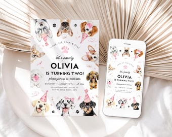 Puede incluir: Una invitación de cumpleaños rosa y blanca con un diseño de huella de pata. La invitación dice "Let's pawty Olivia is turning two!" e incluye detalles para la fiesta. La invitación se muestra sobre una superficie blanca con una hoja de palma marrón en el fondo.