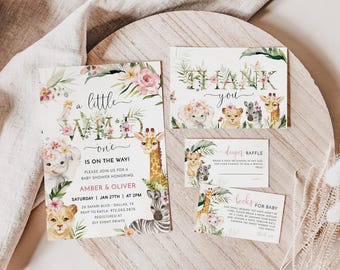 Girl Safari Baby Shower Invitation Greenery, Wild one invite, Jungle baby shower Invitation, Tropical Flowers Zoo Animal Baby Shower Evite