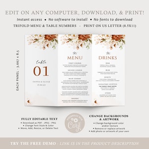 Terracotta Wedding Table Numbers - Trifold Fall Wedding Menu - Rustic Wedding Bar Menu Template -Fall Wedding Menu Template Instant Download afbeelding 5