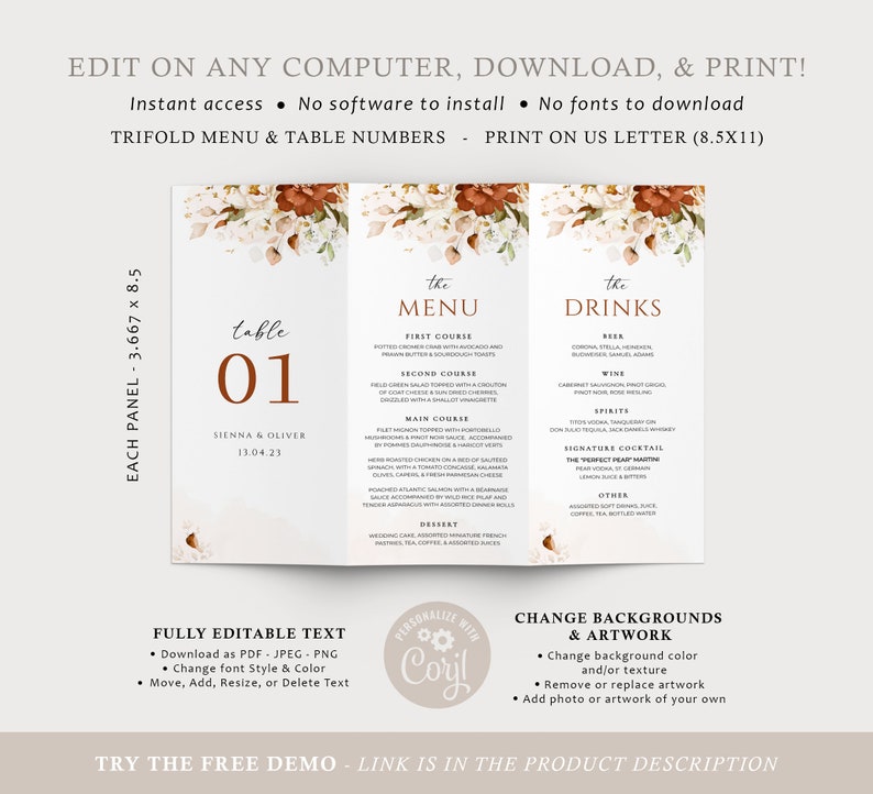 Terracotta Wedding Table Numbers - Trifold Fall Wedding Menu - Rustic Wedding Bar Menu Template -Fall Wedding Menu Template Instant Download afbeelding 5