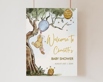 Classic Winnie The Pooh Baby Shower Welcome Sign, Printable Bee Baby Shower Decor, Editable Winnie The Pooh Party Baby Shower Signage BS102