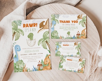 DINOSAUR Baby Shower Bundle, Dino Baby Shower Evite Invitation Templates, Diaper Raffle Ticket, Boy Dinosaur Invitation, Dinosaur Party BS93