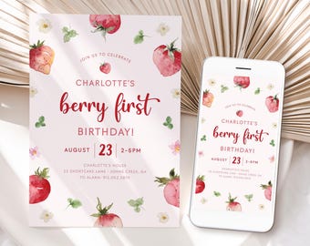 May include: A pink and white invitation with a watercolor strawberry design. The text reads "Join us to celebrate Charlotte's berry first birthday! August 23, 2-5PM. Charlotte's House, 23 Shortcake Lane, Johns Creek, GA. To Alana: 912.052.3876".