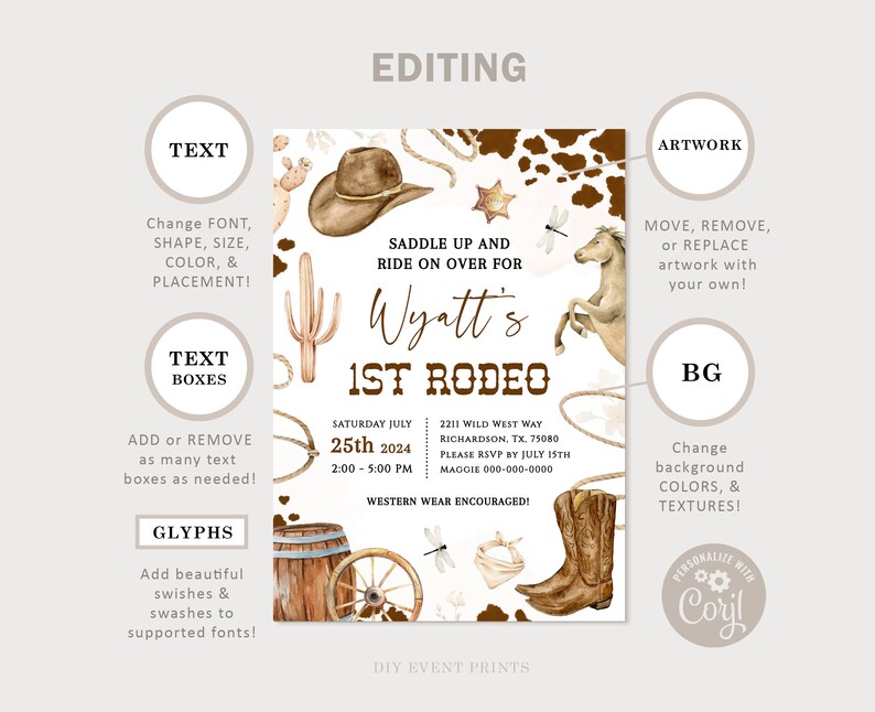 My FIRST RODEO Water Bottle Labels Template, Western Cowboy Custom ...
