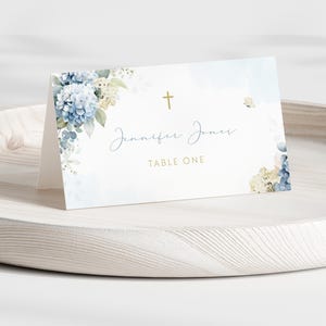 Boy Baptism Invitation PLACE CARD Template, First Communion Name Cards, Floral Blue Christening Table Place Cards,Baptism Seating Cards BT10