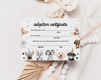 DOG Birthday Puppy Party Adoption Certificate, Dog Birthday Signs, Dog Birthday Adoption Certificate, Pet Adoption Puppy Birthday Party BD72