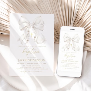 Boy BAPTISM Invitation, First Communion Invitation Template, White Bow Girl Christening Digital Invitation, Editable Invitation Suite BT11