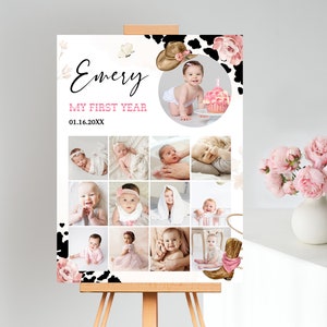 My FIRST RODEO First Birthday Photo Sign Editable Template, Cowgirl Birthday Baby&#39;s First Year Photo Collage, Baby Milestones Board BD03