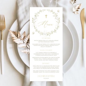 Boy BAPTISM Menu Template, First Communion dinner menu, Bautizo Floral Girl Christening Menu Card, Printable Editable Boho Menu Template BT4