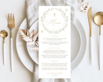 Boy BAPTISM Menu Template, First Communion dinner menu, Bautizo Floral Girl Christening Menu Card, Printable Editable Boho Menu Template BT4
