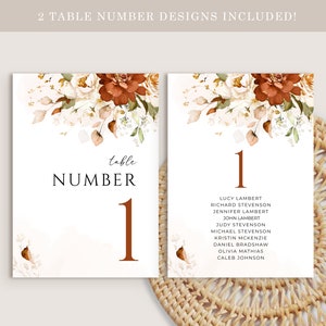 May include: Two printable table number cards with a floral design. The cards feature a watercolour illustration of white and orange flowers with green leaves. The text on the cards reads "table number 1".
