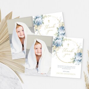 Boy Baptism THANK YOU Card, Blue Baptism Photo Thank You, First Communion, Christening, Blue Floral Baptism Invitation Thank You BT9