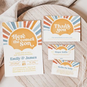 Here Comes The Son, You are my Sunshine, Sun Baby Shower Invitation Template Set, Boho Sun Baby Shower Invite,Sun Diaper Raffle Ticket BS109
