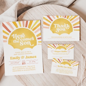 Here Comes The Son, You are my Sunshine, Sun Baby Shower Invitation Template Set, Boho Sun Baby Shower Invite,Sun Diaper Raffle Ticket BS110
