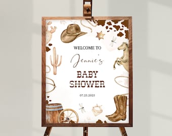 May include: Welcome to Jennie's Baby Shower sign with a brown cowboy hat, cactus, a brown horse, a cowboy boot, and a barrel with a wagon wheel. The date is 07.25.2025.