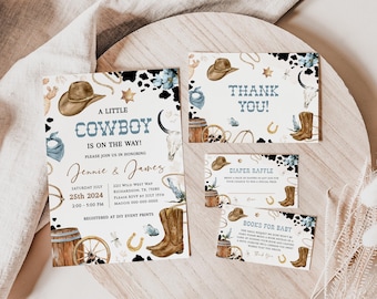 LITTLE COWBOY Editable Baby Shower Invitation Template Set, Printable Wild West Baby Shower Invite Bundle, Country Western Sprinkle BS83