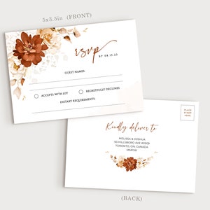 May include: RSVP card featuring a floral design in shades of brown and white. The card includes a section for guest names, an option to accept or decline the invitation, and a space for dietary requirements. The reverse side of the card displays the address for sending the RSVP.