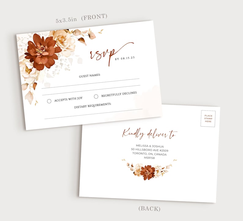 May include: RSVP card featuring a floral design in shades of brown and white. The card includes a section for guest names, an option to accept or decline the invitation, and a space for dietary requirements. The reverse side of the card displays the address for sending the RSVP.