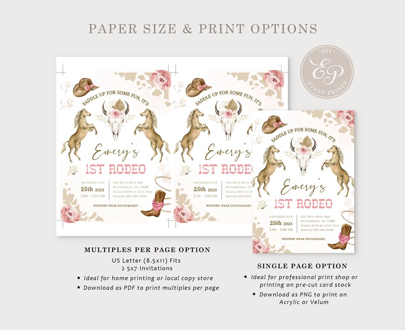 First Rodeo Flower Boho FIRST RODEO Invitation Template, Printable Wild West Birthday ...