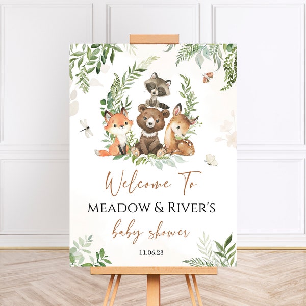 WOODLAND CREATURES Baby Shower Welcome Sign | Greenery Woodland Baby Shower Decor | Editable Woodland Animals Sprinkle Baby Shower Signage