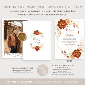 May include: Editable wedding invitation template featuring a floral design in shades of brown and white. The template includes a photo of a couple and the text "Melissa and Joshua" with the date "01.28.21". The invitation also includes the text "Melissa and Joshua" with the date "September 28, 2021" and the location "The Florist's Loft".