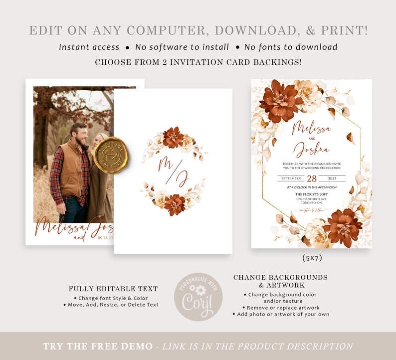 May include: Editable wedding invitation template featuring a floral design in shades of brown and white. The template includes a photo of a couple and the text "Melissa and Joshua" with the date "01.28.21". The invitation also includes the text "Melissa and Joshua" with the date "September 28, 2021" and the location "The Florist's Loft".