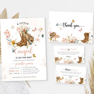 Baby Shower Invitation Template Set, Editable Wild West Baby Shower Invite Bundle, Country Western Sprinkle Invite, LITTLE COWGIRL BS05