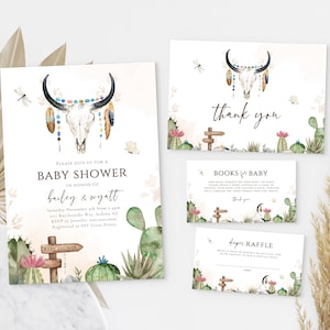 Western Baby Shower Invitation Template Set | Editable Printable Wild West Baby Shower Invite Bundle|Cactus Country Western Sprinkle Invite