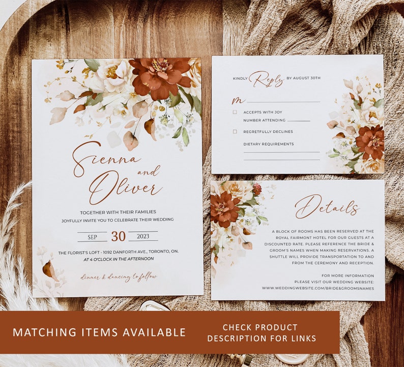 Op de afbeelding: Huwelijksuitnodiging met een bloemmotief in tinten oranje, wit en groen. De uitnodiging bevat de namen Sienna en Oliver, de datum 30 september 2023 en de locatie The Florist's Loft, 1032 Danforth Ave, Toronto, ON. De uitnodiging bevat ook een RSVP-kaart met een bloemmotief.