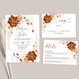 May include: Wedding invitation suite featuring a floral design with rust and cream coloured flowers. The invitation includes the names Melissa and Joshna, the date 28 September 2023, and the location The Florist's Loft. The RSVP card includes a guest name line, a choice to accept or decline, and a space for dietary requirements. The details card includes information about transportation and accommodation.