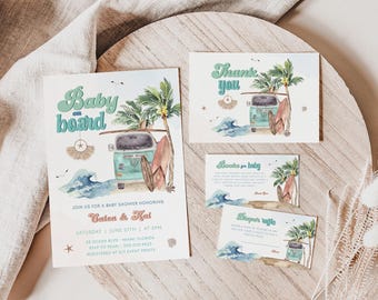 BABY ON BOARD Editable Baby Shower Invitation Template Set, Beach Boho Baby Shower Evite Bundle, Ocean Groovy Baby Shower Invitation BS77
