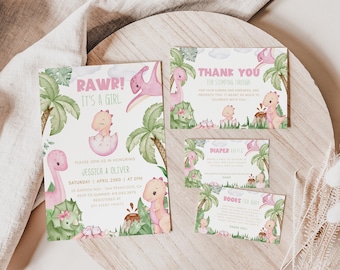 DINOSAUR Baby Shower Bundle, Dino Baby Shower Evite Invitation Templates, Diaper Raffle Ticket, Girl Dinosaur Invitation Dinosaur Party BS94