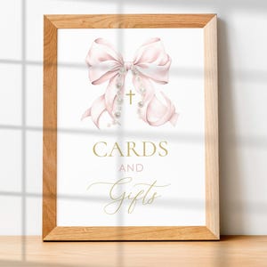 PINK BOW Cards and Gifts Sign, Coquette Pink Bow Baptism Sign Template, Pink Baby Shower Decor, First Communion, Christening Table Sign BT12