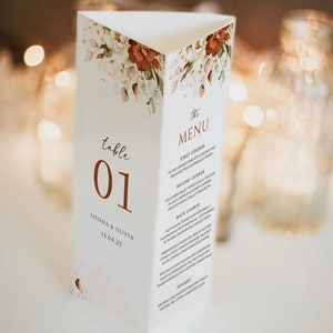 Terracotta Wedding Table Numbers - Trifold Fall Wedding Menu - Rustic Wedding Bar Menu Template -Fall Wedding Menu Template Instant Download