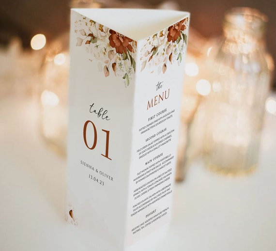 Terracotta Wedding Table Numbers - Trifold Fall Wedding Menu - Rustic Wedding Bar Menu Template -Fall Wedding Menu Template Instant Download