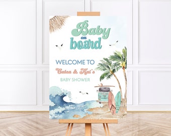 May include: A baby shower welcome sign with a blue and white watercolor wave, palm trees, and a vintage van with surfboards. The text reads "Baby on board" and "Welcome to Caleb & Kai's Baby Shower".