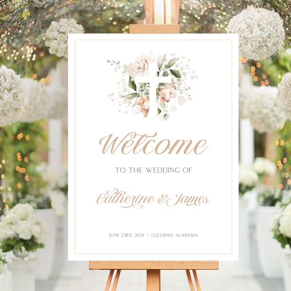 Catholic WEDDING WELCOME Sign, Christian Wedding Signs Template, Church Wedding Decor, Floral Welcome Wedding Sign, Wedding Signage WED4