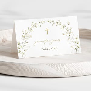 Boy Baptism Invitation PLACE CARD Template, First Communion Name Cards, Floral Girl Christening Table Place Cards,Baptism Seating Cards BT4