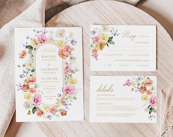 May include: Wedding invitation suite with a floral design. The invitation features a gold arch with the names Rachel Livingston and Jackson Robinson, the date 05.22.XX, and the location The Dallas Arboretum. The RSVP card has a floral design and asks guests to indicate their meal choice. The details card has a floral design and includes information about transportation and accommodation.