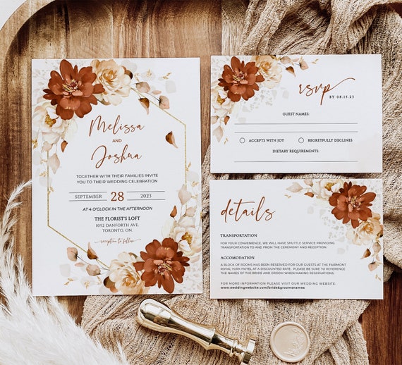 Terracotta Wedding Invitation Suite, Rust Wedding, Burnt Orange Invites,Fall Wedding Invites,Terracotta Invites, Boho Rust Invitation Bundle