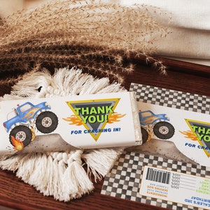 MONSTER TRUCK Birthday Candy Wrapper Template, Monster Jam Chocolate Bar Party Favor Thank you tags, Hershey Bar Wrapper Party Favors BD18