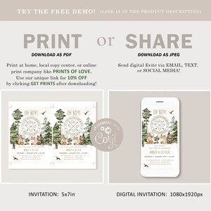May include: Printable baby shower invitation with a woodland theme. The invitation features a green, brown, and white color scheme with a cute illustration of woodland animals. The text on the invitation reads "Oh Boy! Let the Adventure Begin!" and includes the names "Amber & Oliver". The invitation is available in two sizes: 5x7 inches for printing and 1080x1920 pixels for digital use.