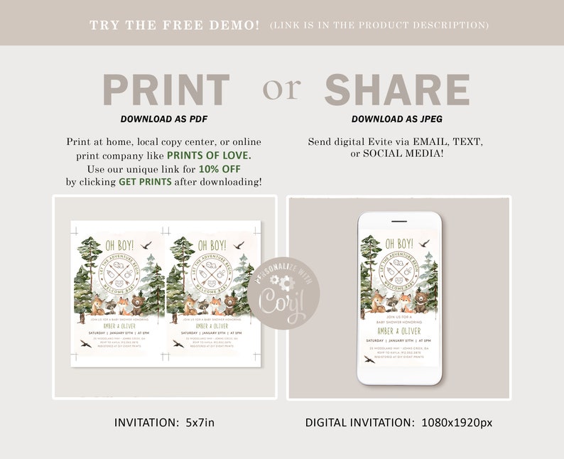 May include: Printable baby shower invitation with a woodland theme. The invitation features a green, brown, and white color scheme with a cute illustration of woodland animals. The text on the invitation reads "Oh Boy! Let the Adventure Begin!" and includes the names "Amber & Oliver". The invitation is available in two sizes: 5x7 inches for printing and 1080x1920 pixels for digital use.