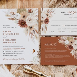 Terracotta Wedding Invitation Template Set, Digital Wedding Invitation, Boho Wedding, Fall Wedding Invite Suite, Pampas Invitation Bundle