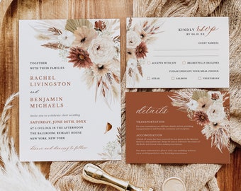 May include: Wedding invitation suite with a floral design featuring dried pampas grass, blush and burgundy flowers. The invitation includes the names Rachel Livingston and Benjamin Michaels, the date Saturday, June 26th, 20XX, and the time 5 o'clock in the afternoon. The RSVP card includes the text "Kindly RSVP by 06.01.XX" and options for accepting or declining the invitation, as well as meal choices. The details card includes the text "details" and information about transportation and accommodation.