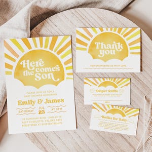 Here Comes The Son, You are my Sunshine, Sun Baby Shower Invitation Template Set, Boho Sun Baby Shower Invite,Sun Diaper Raffle Ticket BS108