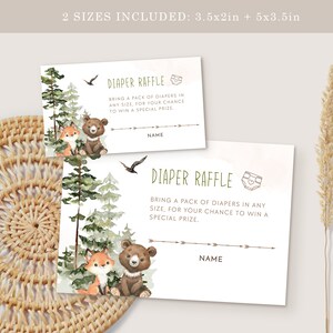 May include: Two printable diaper raffle ticket designs featuring a woodland theme with a fox and bear. The text reads "Diaper Raffle" and "Bring a pack of diapers in any size, for your chance to win a special prize."  The tickets are available in two sizes: 3.5x2 inches and 5x3.5 inches.